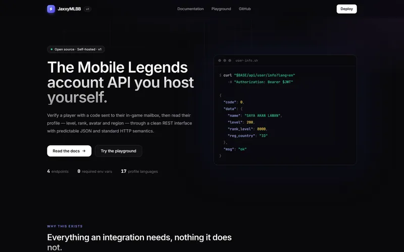 JaxxyMLBB API landing page with a curl request and its JSON response.