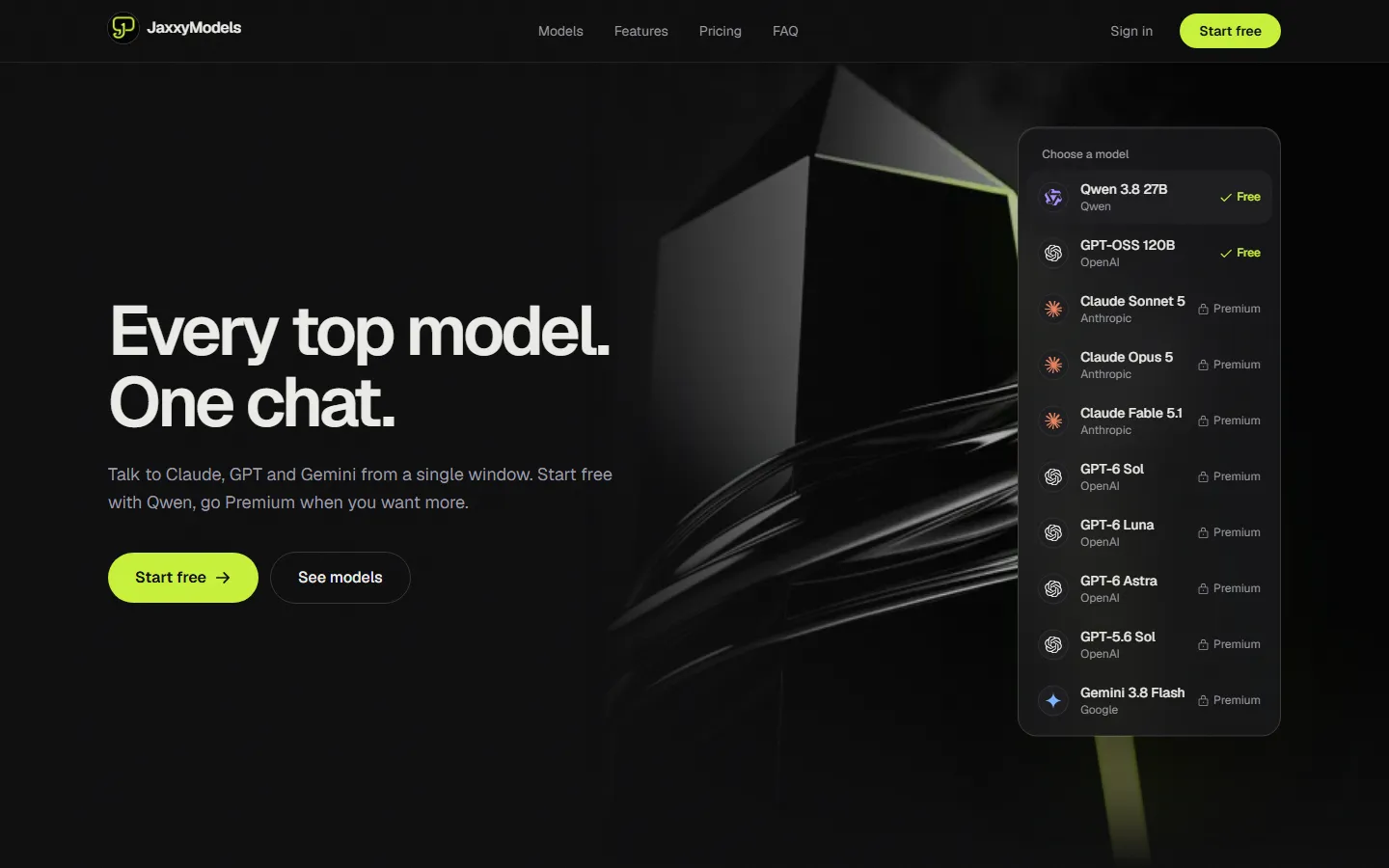 JaxxyModels homepage: 'Every top model. One chat.' next to a model picker listing Qwen, GPT-OSS, Claude, GPT-6 and Gemini.